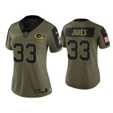 Women Green Bay Packers #33 Aaron Jones Olive 2021 Salute To Service Limited Jersey