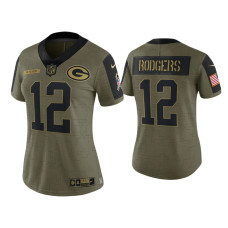 Women Green Bay Packers #12 Aaron Rodgers Olive 2021 Salute To Service Limited Jersey